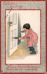 Boy Drilling Holes in Door Children Postcard Postcard Postcard