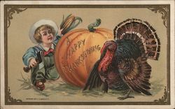 Boy, Pumpkin and Turkey Postcard