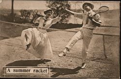 Couple Playing on Tennis Court: A Summer Racket Postcard