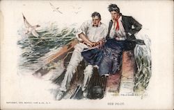 Man and Woman on Sailboat, "Her Pilot" Sailboats Postcard Postcard Postcard