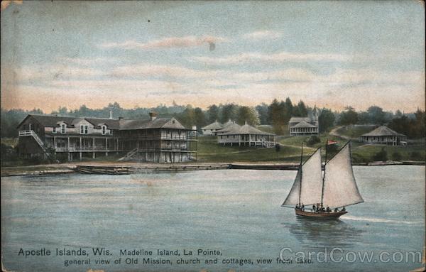 Madeline Island, La Pointe, general view of Old Mission, church and cottages, view from Lake Bayfield