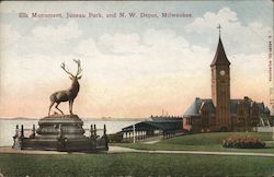 Elk Monument, Juneau Park and N.W. Depot Postcard