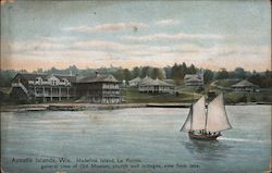 Madeline Island, La Pointe, general view of Old Mission, church and cottages, view from Lake Bayfield, WI Postcard Postcard Postcard