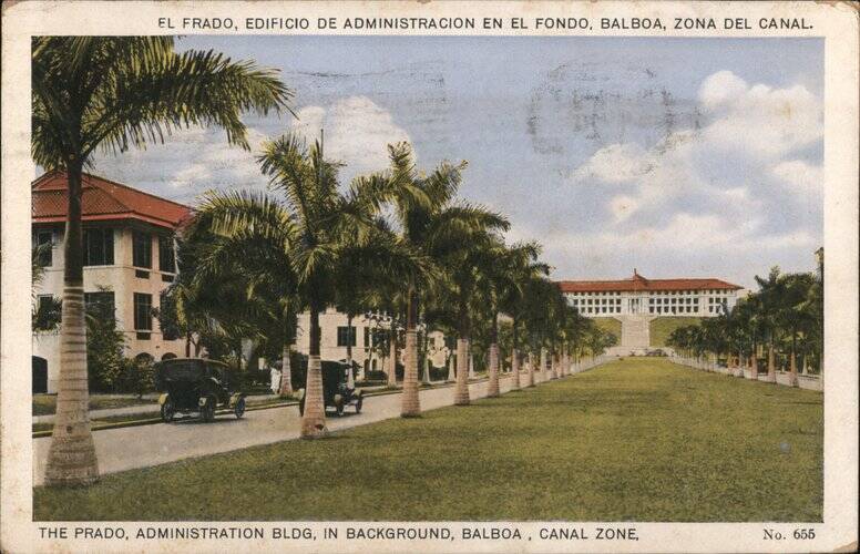 The Prado, administration bldg. in the background, Balboa, canal Zone Panama City