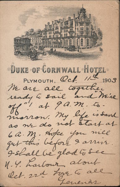 Duke of Cornwall Hotel, Handwritten Note Plymouth United Kingdom