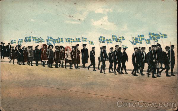 People marching with flag Sweden