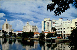 view across India Creek, modernistic hotels of Miami Beach Postcard