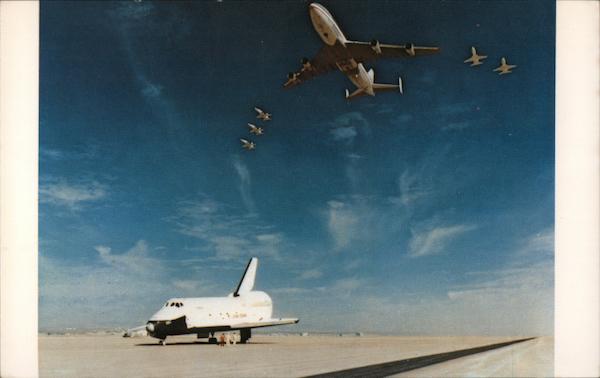 N.A.S.A.'s 747 and T-38 chase planes salute a successful landing of Space Shuttle Enterprise. Kennedy Space Center