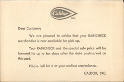 Caldor Inc. Raincheck Postcard