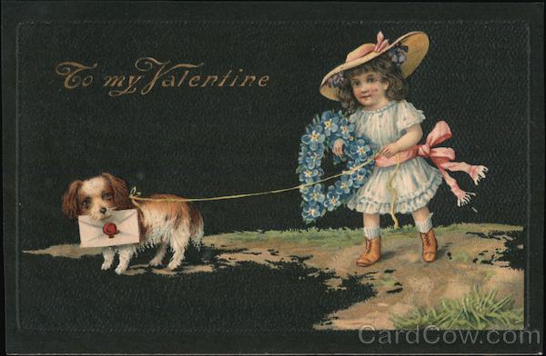 To my Valentine - Young girl with flowers and a dog on a leash.