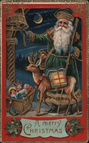 Santa Claus and Reindeer Delivering Toys at Night