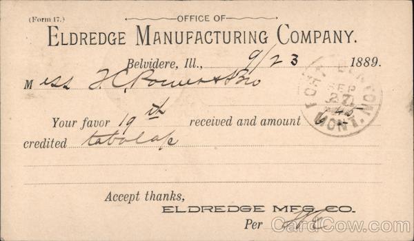 Eldredge Manufacturing Company, Belvidere, Ill., Correspondence Card