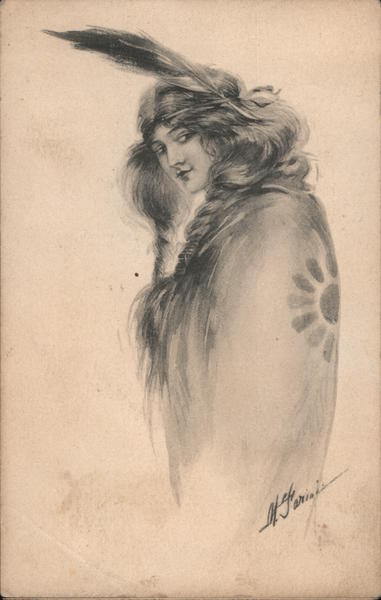 Woman Dressed as Indian With Feather in Her Hari Native Americana