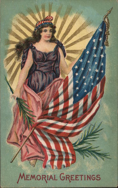 Columbia carrying a palm branch and the American flag