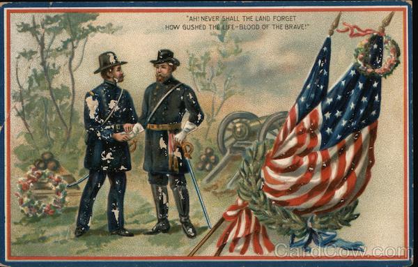 Two soldiers and two flags: Ah! Never shall the land forget how gushed the life-blood of 'the brave!'