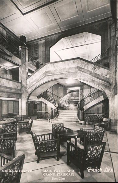 Main foyer and grand staircase of the S.S. Ile de France, French Line flagship