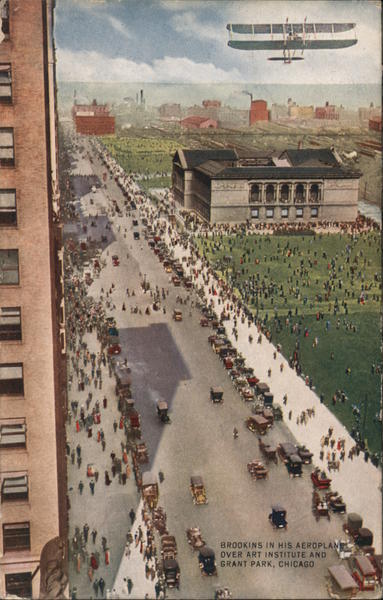 Brookins in his aeroplane over Art Institute and Grant Park, Chicago Illinois