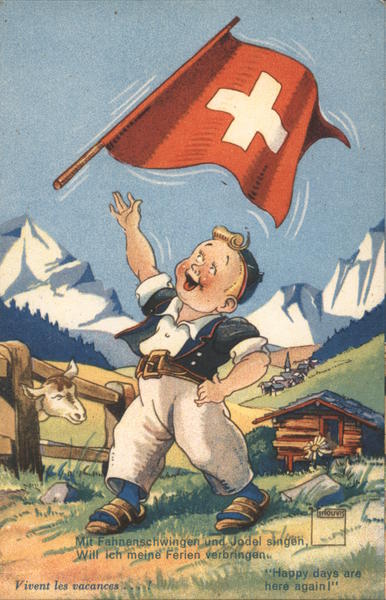 Boy with Swiss flag: Happy days are here again! Minouvis