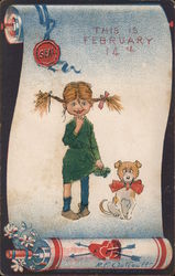 This is February 14th - Pigeon-toed Girl With Pigtails and Her Dog Postcard