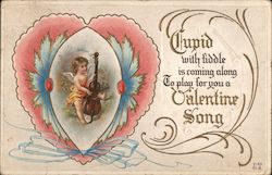 Cupid With Fiddle is Coming Along to Play for You a Valentine Song Postcard