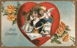 Fond Greeting: Woman Writing Letter With Cupid Over Shoulder Postcard