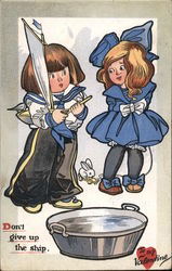 Two Children Playing With Toy Boat, "Don't Give Up the Ship," To My Valentine Postcard