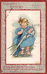 Young girl carrying giant pair of scissors and cutting a sock Postcard