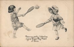 Children Playing Tennis with Heart Postcard Postcard Postcard