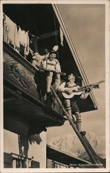 German Musician Serenading on 2nd Floor Balcony Postcard