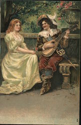Man Playing Lute, Serenading Woman Postcard