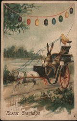 Bunnies Riding in Cart Pulled by Goat - Easter Greetings Postcard