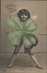 A Happy New Year - Cherub and Large 4-Leaf Clover Postcard
