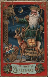 Santa Claus and Reindeer Delivering Toys at Night Postcard