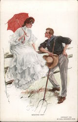 Man with pitchfork talking to woman with parasol: "Making hay" Couples Postcard Postcard Postcard