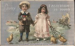 A Happy Eastertide Be Yours - boy and girl w/ chicks, eggs Postcard