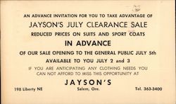 An Advance Invitation For You To Take Advantage of Jayson's July Clearance Sale Postcard