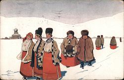 Russian Women Walking in Snow Postcard