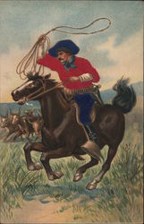 Cowboy Twirling Lasso While Riding Horse Postcard