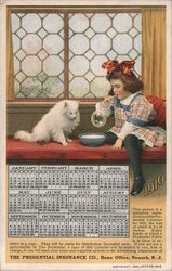 1910 Calendar - Girl & Dog Drink Milk Out of a Bowl Postcard