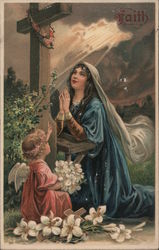 Woman Praying at Cross: Faith Postcard