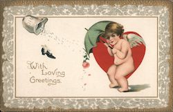 Cupid shielding himself: "With Loving Greetings" Postcard