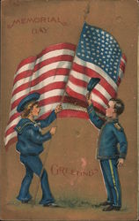 Two boys with a flag: "Memorial Day Greetings" Postcard
