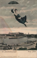 Flying over Stockholm with an umbrella Postcard