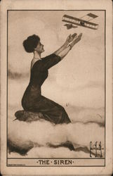Woman Reaching Up to Touch Biplane - The Siren Postcard