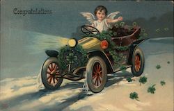 Cherub driving car: "Congratulations" Postcard