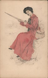 Woman in Pink Fishing Postcard Postcard Postcard