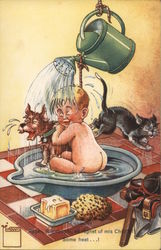 Boy Taking Bath With Dog in Basin Boys Postcard Postcard Postcard