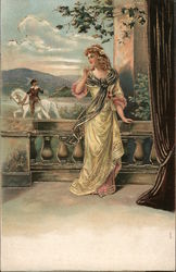Woman on Balcony Gazing at Man on Horse Postcard