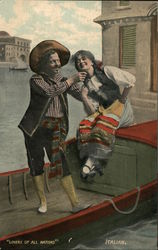 Couple on Venetian Boat - "Flowers of All Nations - Italian" Postcard