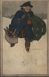 Man in Snow Carrying Wreaths and Basket of Wine Bottles Postcard